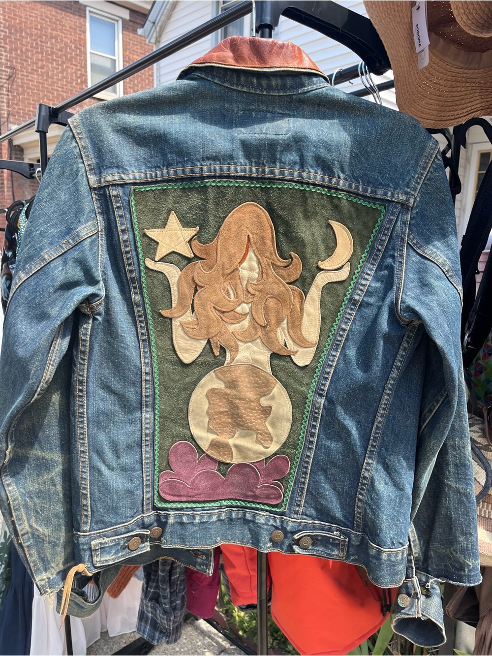 Vintage Levi Strauss Blue Denim Jacket with handmade leather art